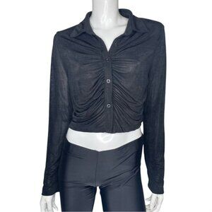 🤑 5/$24 SHEIN Long Sleeve Sheer Collared Runched Button Down Crop Top